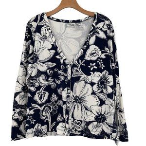 Chicos 2 women top shirt cardigan cotton knit navy floral size large long sleeve